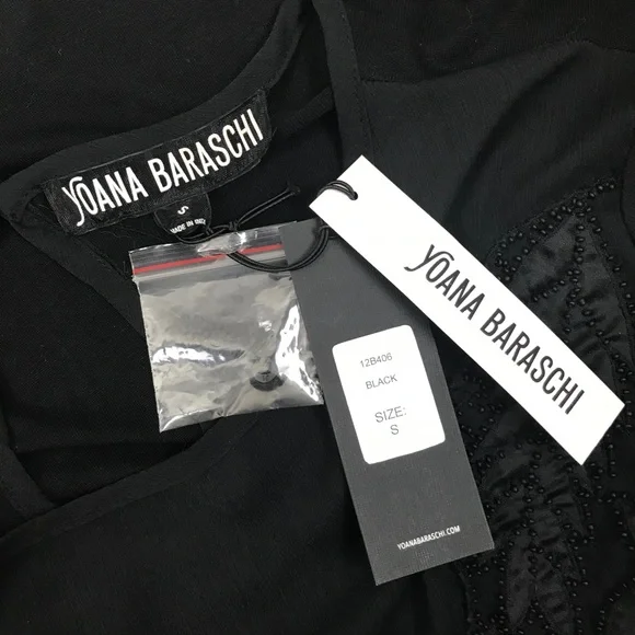Yoana Baraschi l S Black Long Sheer Silk Chiffon Sleeves Quilted Beaded Blouse